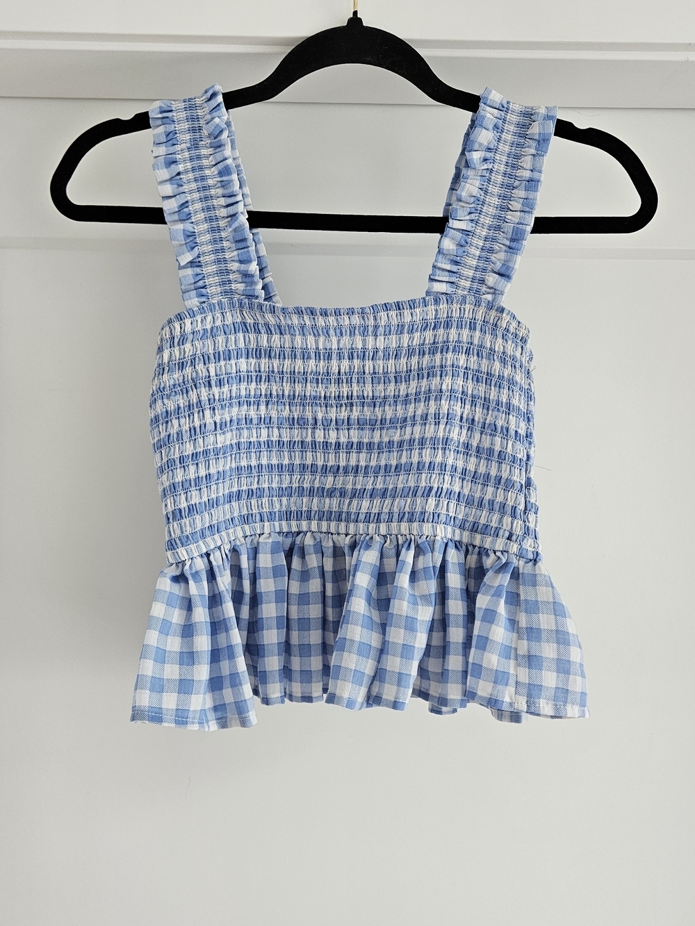 Blue Gingham Smocked Ruffle Crop Top